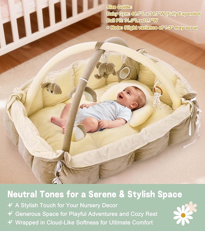 5-in-1 Baby Play Gym and Tummy Time Mat, Tummy Time Pillow & 12 Learning Cards, Plush Activity Mat with 6 Toys, Baby Gym, Convertible to Ball Pit & Pet Bed, Baby Gift, Cream