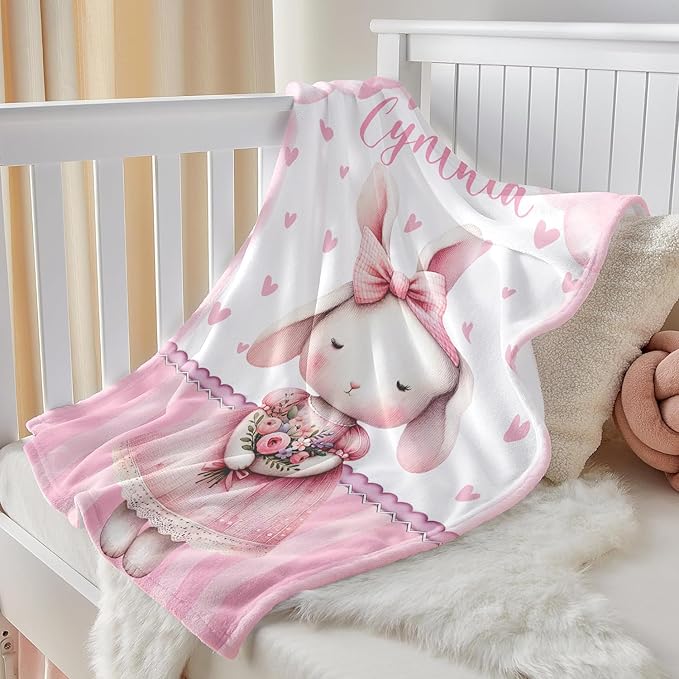 Personalized Baby Blanket for Girls, Custom Baby Blanket with Name, Soft Cozy Personalized Name Blankets for Kids, Customized Rabbit Blankets for Infant Toddler Birthday Christmas
