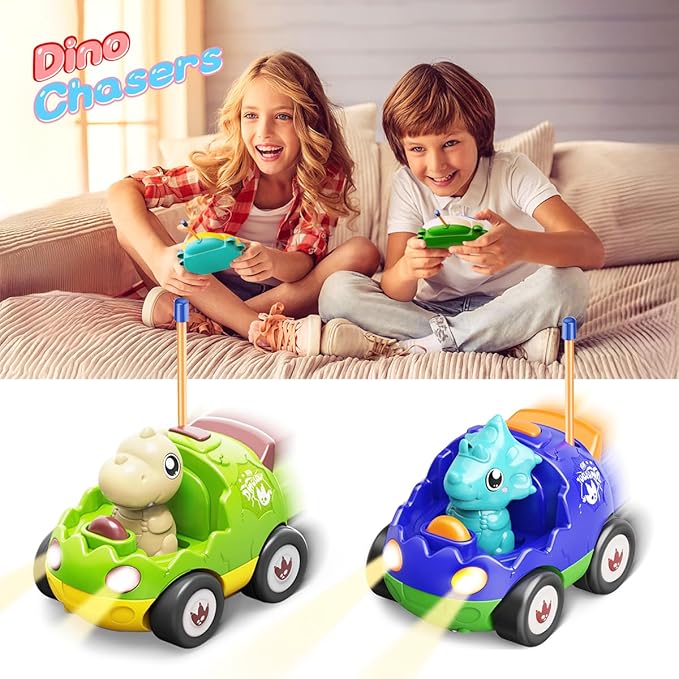 2 Pack Dinosaur Toys Remote Control Cars for Toddlers Ages 2 3 4 5, Christmas Birthday Gifts for 2-5 Year Old Boys, Dinosaur RC Car Toys with Music and Lights (Green Blue)