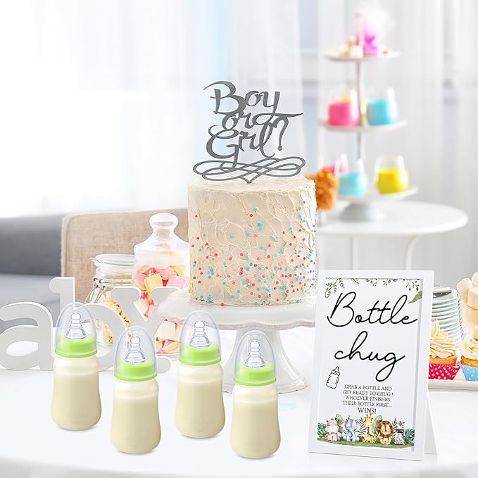 Roowest Bottle Chug Baby Shower Game Favors Including Safari Animals Theme Wooden Sign and 18 Pcs Baby Bottles for Gender Reveal Party Supplies