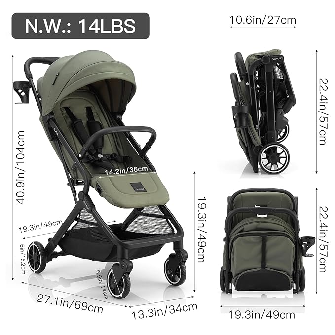 Compact Fold Baby Stroller, Lightweight Travel Toddler Stroller with One-Click Fold, Extendable UPF50+ Canopy, Cup Holder, UV Protected and Waterproof, One-Hand Folding - Green