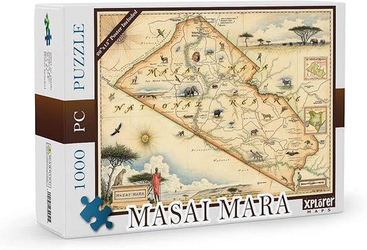 Masai Mara National Reserve Map Cardboard Jigsaw Puzzle - 1000 Pieces, Hand-Illustrated - Educational, Family Activity, Ages 7+, Includes Poster - 25.4 x 19.8