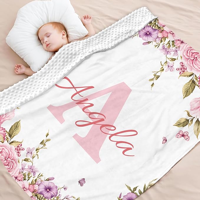 Personalized Baby Blankets for Girls & Boys - Super Soft Easter Blanket with Thick Double-Layer Dotted Backing, Personalized Baby Gifts for Baby Shower from Grandma (Rosr Pink, Customize Now)