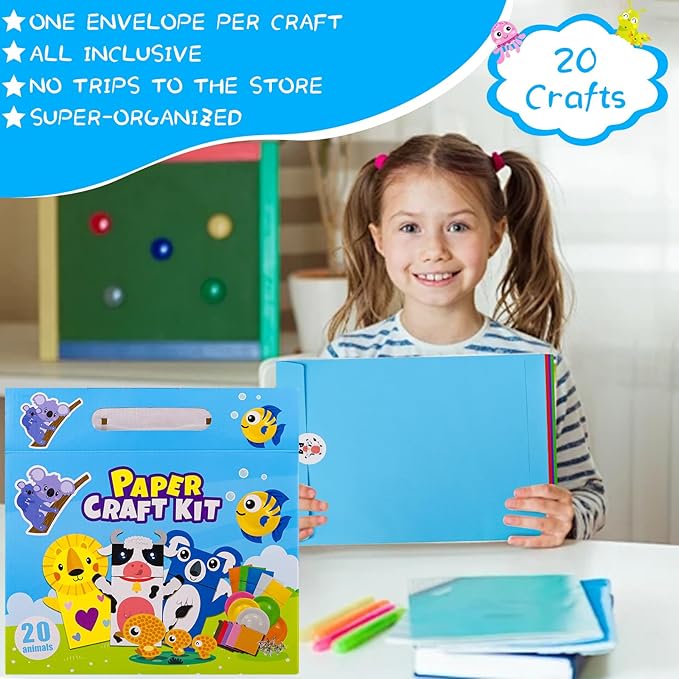 DINSUMRUG 20 Animal Arts & Crafts Kit for Kids 4-6, All-Inclusive Toddler Craft Box with Paper Plates, Puppets, Fun Activities, Tigers, Lions (134 Characters) (Animal)