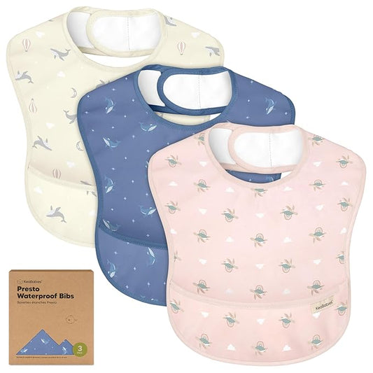 KeaBabies 3-Pack Waterproof Baby Bibs for Eating - Lightweight Toddler Feeding Bibs with Large Food Catcher, Mess Proof, Food-Grade Baby Eating Essentials, Easy to Put On & Clean (Marine Muse)