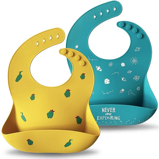 Moonkie Silicone Baby Bibs Set Of 2 | BPA Free Waterproof | Soft Flexible Adjustable Silicone Bibs for Babies & Toddlers(Teal/Kodak)