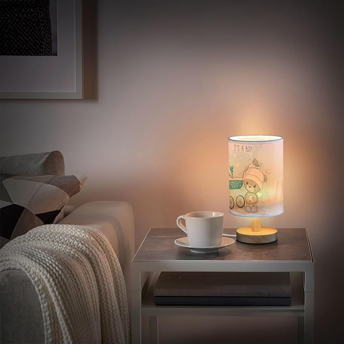 Table Lamp Bear with Blue Baby Carriage Heart Quote It's A Boy Nightstand Lamp with Wood Base Fabric Lamp Shade Bedside Desk Lamp for Living Room Bedroom Kids Room Office