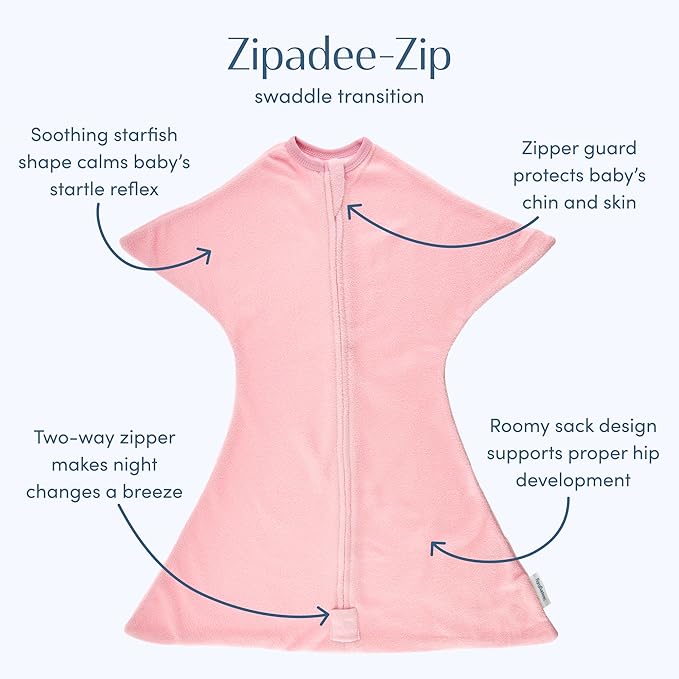 SleepingBaby Zipadee-Zip Transition Swaddle - Cozy Fleece Wearable Blanket with Two-Way Zipper for Baby Sleep - Rose Pink, X-Small (3-6 Month)
