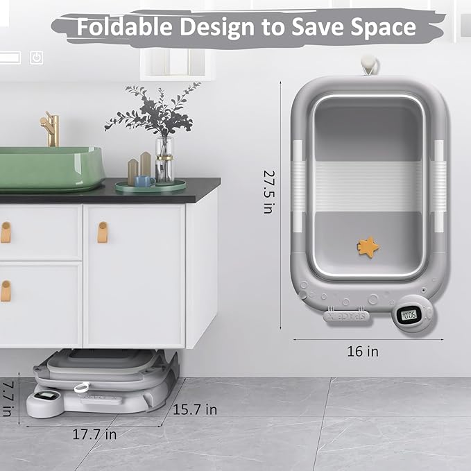 Collapsible Baby Bath Tub for Newborn to Toddler with Floating Cushion for Bath Support, Portable Baby Bath Tub with Real-Time Temperature Monitor, Baby Bath Essentials, Gray