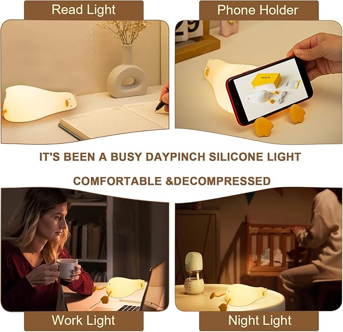 Duck Night Light, Rechargeable Silicone Squishy Duck Lamp with 3-Level Dimmable Touch Control, Lying Flat Duck Nightlight for Kids Nursery Bedroom Breastfeeding, Soft LED Bedside Lamp