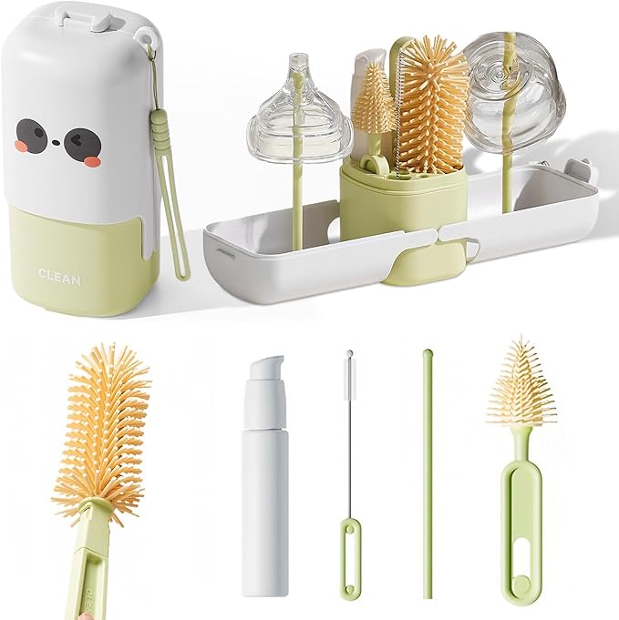 Baby Bottle Brush Set - Baby Bottle Cleaner Kit with Nipple Brush, Silicone Bottle Brush, Straw Cleaner Brush, Soap Dispenser, Bottle Drying Rack - 7 in 1 Bottle Cleaning Tool Set for Home and Travel