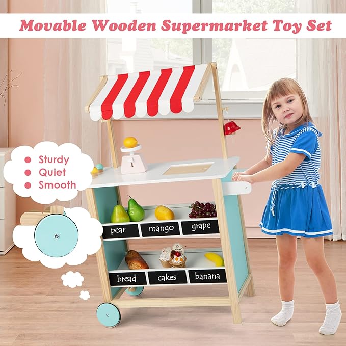 HONEY JOY Kids Ice Cream Cart, Wooden Grocery Store Playset w/6 Pieces Play Food, Realistic Bell & Food Scale, Chalkboard, Pretend Play Dessert Shop Counter Stand Truck, Gift for Boys Girls