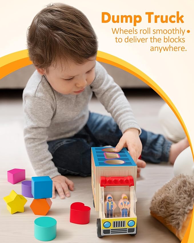 Coogam Montessori Sorting Toys for Toddles, Wooden Color Shape Sorter Truck Toy with 2 Play Figures - Fine Motor Educational Learning Gift Toy for Kids 2 3 4 Year Old