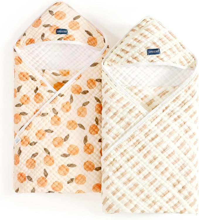 GRSSDER Ultra Soft Absorbent Muslin Cotton Baby Hooded Towel 2 Pack with Original Patterns, Extra Large Size 35"x 35" Swaddle Wrap for Newborn Infant and Toddler