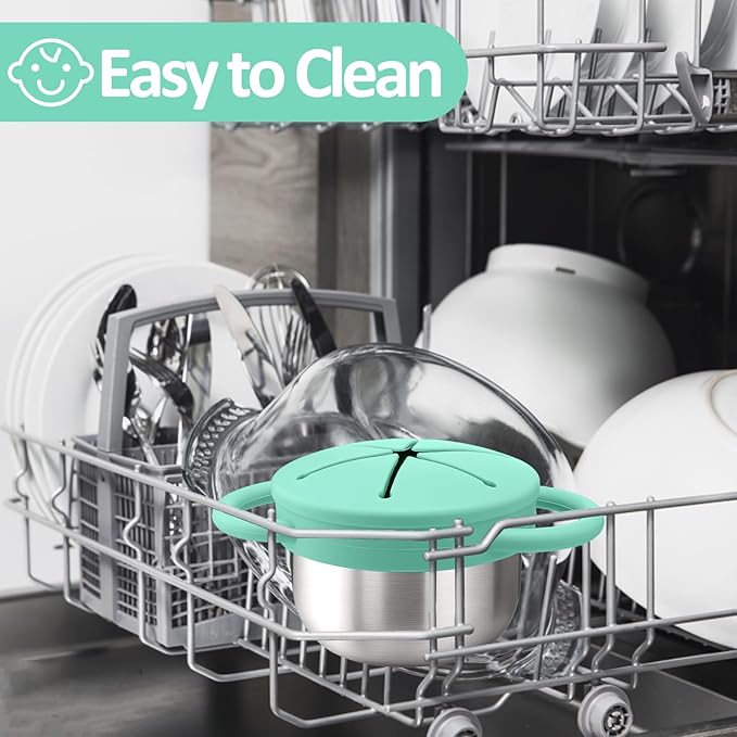 BUSOHA Stainless Steel Toddler Snack Cups - 9 OZ Spill-Proof Baby Snack Containers with Silicone Catcher and Lid Travel Snack Containers for Kids Food Grade Silicone Dishwasher Safe,Green