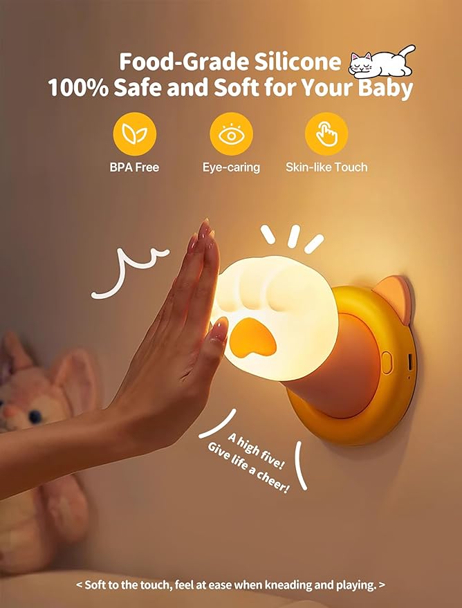 Nursery Night Light for Kids, Magnetic Wall lights, Bedside Touch Lamp, Silicone Rechargeable Nightlight, Cute Dimmable Night Lamps, Gift for Baby Teens Adults, Kitchen Office Room Decor (Cat Claw)