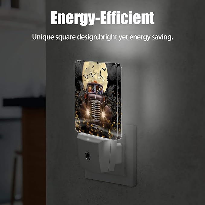 Halloween Truck Night Light, Witch Cat Pumpkin Night Lights Plug into Wall Decorations for Bedroom, Bathroom, Dusk to Dawn Sensor Nightlights for Girls Women Room Gifts