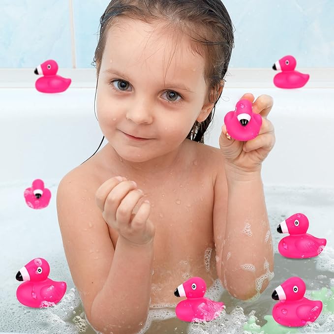 12 PCS Flamingo Rubber Ducks, Pink Cute Flamingo Duck, Floating Squeaky Bath Toys for Baby Shower Birthday Party Favors, Mini Rubber Ducks for Cake Decoration Classroom Prizes