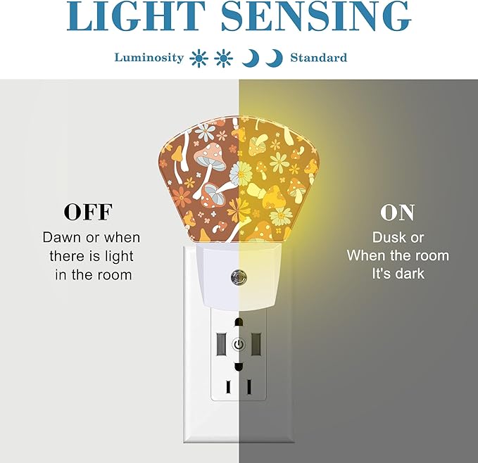 Vintage Mushrooms Night Light Plug into Wall, Boho Flowers Night Light with Dusk to Dawn Sensor for Kid Girls Boys Women Men Bedroom, Hallway, Kitchen, Bathroom, Stairs Decor
