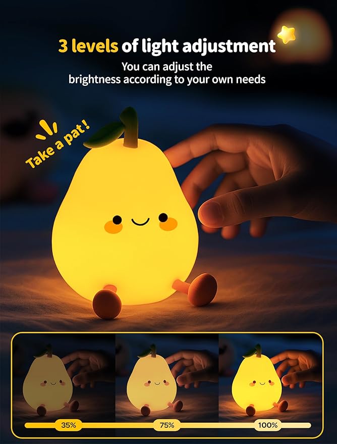 Pear Night Light for Kids, Nursery Night Lights, Bedside Touch Lamp, Cute Silicone Nightlight for Baby Toddler, 3 Level Dimmable Soft Night Lamps Gift for Bedroom Kids Room Decor