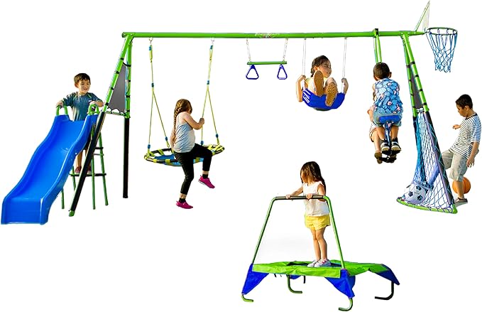 Sports Outdoor 8 Station Playground Set, Includes Swing Set, Slide, Monkey Bars, Basketball Hoop, Trampoline, Soccer and Basketball + Pump, Green