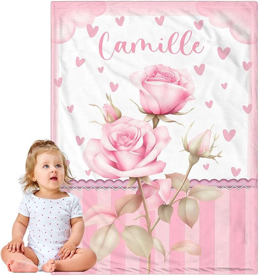 Personalized Baby Blanket for Girls, Custom Baby Blanket with Name, Soft Cozy Personalized Name Blankets for Kids, Customized Flowers Blanket for Infant Toddler Birthday Christmas