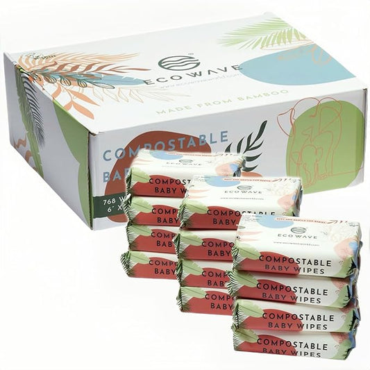 Eco Wave Baby Wipes, 100% Compostable Eco-Friendly Bamboo Wipes, Unscented, Hypoallergenic, Vegan, Alcohol-Free, Suitable For Sensitive Skin (Pack of 12)