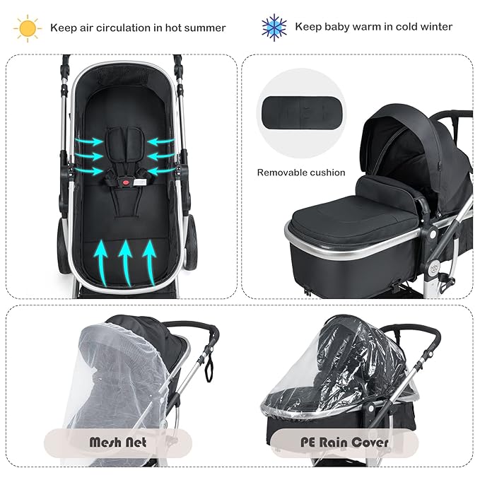BABY JOY 2-in-1 High Landscape Baby Stroller, Reversible Bassinet Reclining Stroller, Foldable Push Chair w/Adjustable Canopy, Storage Bag, Foot Cover, Rain Cover & Net, Aluminum Alloy Frame (Black)