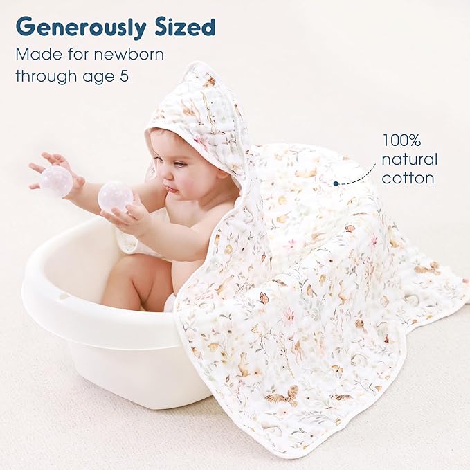 GRSSDER Ultra Soft Absorbent Muslin Cotton Baby Hooded Towel 2 Pack with Original Patterns, Extra Large Size 35"x 35" Swaddle Wrap for Newborn Infant and Toddler