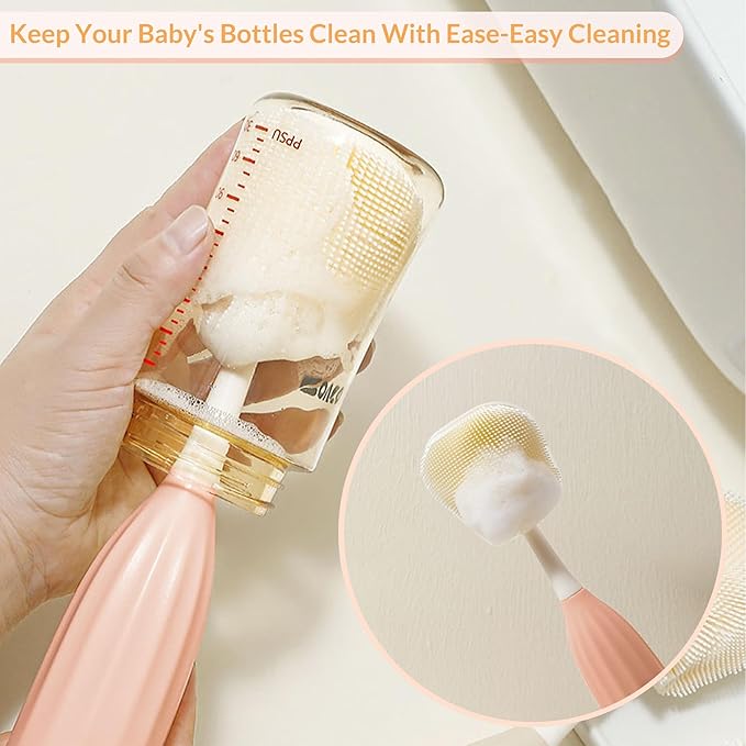 Baby Bottle Brush Kit with Push-Press Bubble and Drying Rack for Bottle Cleaning, Bendable Bottle Cleaner Brush for Baby Bottles, Breast Pumps, Nipples, Straws and More. Perfect for Home&Travel (Pink)