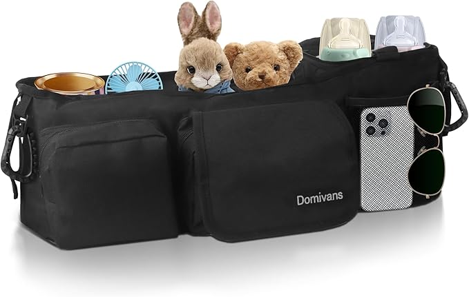 Double Stroller Organizer,Double Stroller Caddy for Bob Duallie and Baby Jogger City Mini GT2,Extra Large Double Baby Stroller Accessories with Cup Holder,Black(Empty Bag)