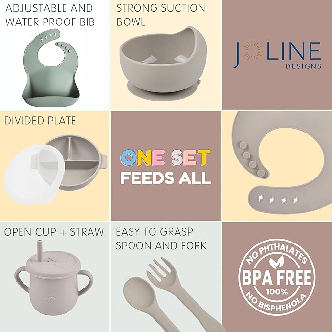 Silicone Baby Feeding Set - Perfect silicone plates for baby & Toddler Plates with lids, Baby Bowls with Suction, Baby Utensils - Baby Led Weaning Supplies & Eating Essentials - (Gray)