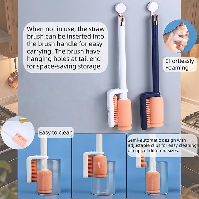 Bottle Brush Cleaner, 3-in-1 Water Bottle Cleaner Brush Straw Nipple Bottle Cleaner Brush Set Long Handle Bottle Cleaning Brush for Washing Tumblers, Sport Bottles, Cup Lid Cleaning Brush Blue