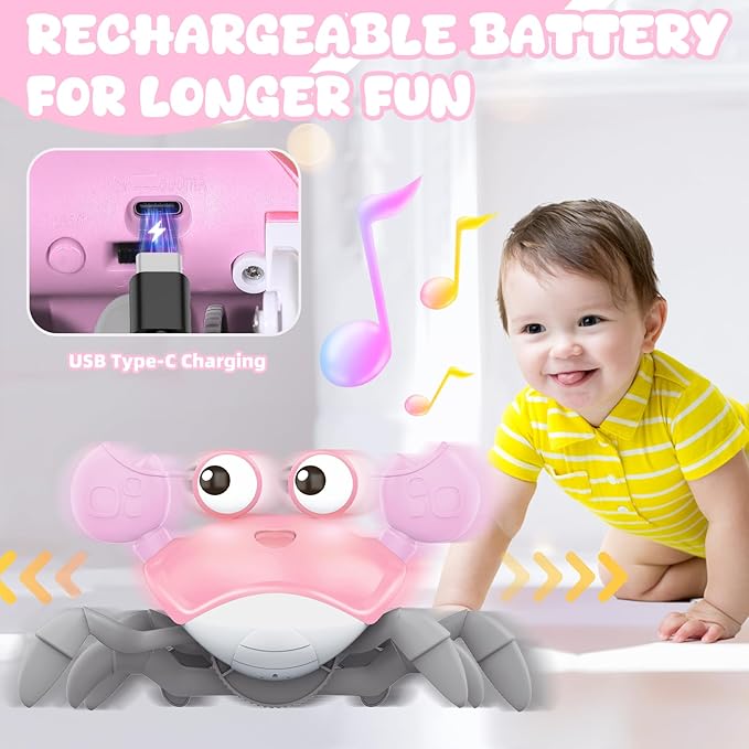 Crawling Crab Baby Toy, Tummy Time Girl Gifts for Babies 3-6 6-12 Month, Light-Up Walking Dancing Moving Crab with Music & Obstacle Avoidance, Rechargeable Musical Toys 1 Year Old Girls Gift (Pink)