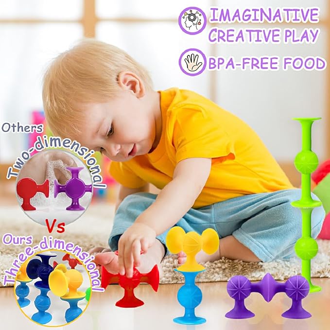 Suction Bath Toys for Baby, 12 Piece Starter Set Suction Cup Toys Preschool Sensory Fidget Toys for Toddlers 1-3 4-8 | No Hole Bath Toy | BPA Free Bath Toys (Large Size)
