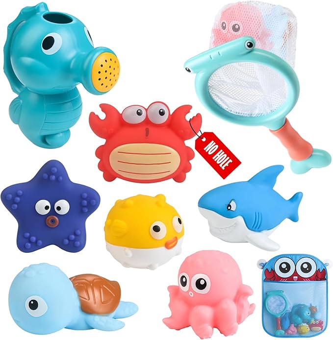 Mold Free Bath Toys for Toddlers No Hole Baby Bathtub Toys with Sea Animals, Seahorse Watering Can, Fishing Net & Storage Bag, Floating Pool Toys for Boys and Girls