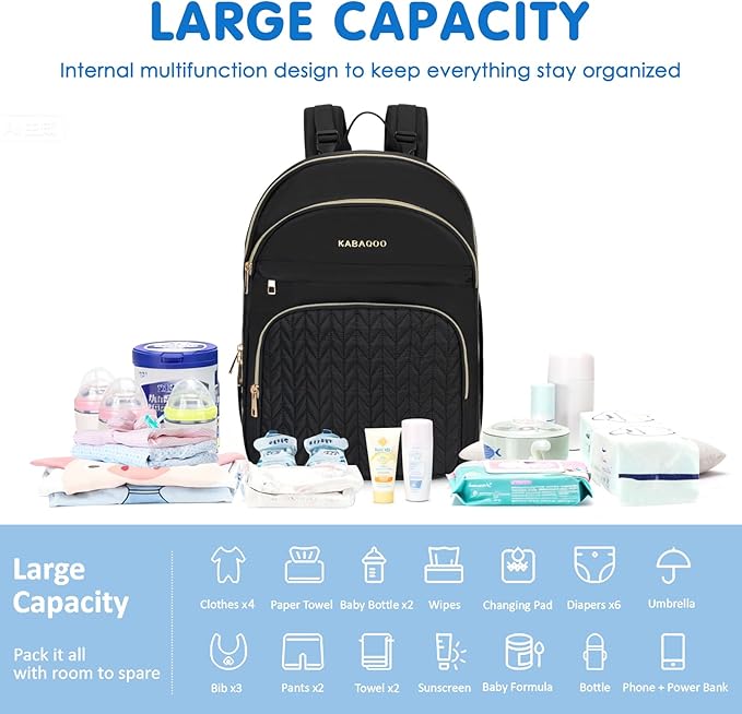 KABAQOO Baby Diaper Bag Backpack, Waterproof Diaper Backpack for Mom & Dad with Changing Pad, Insulated Pockets and Stroller Straps, Baby Shower Gifts for Girls & Boys, Black