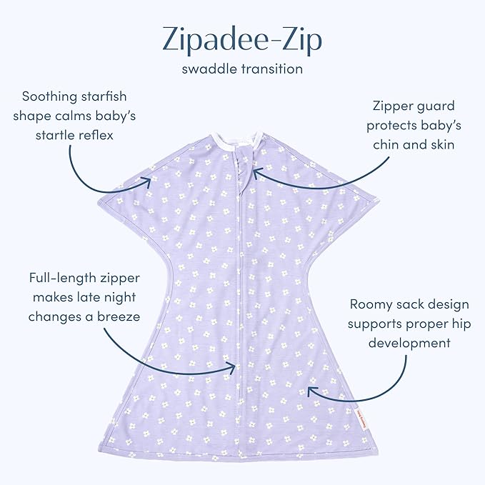SleepingBaby Zipadee-Zip Transition Swaddle - Cozy Baby Swaddle Blanket with Zipper Convenience - Roomy Wearable Blanket for Easy Diaper Changes - Paperwhite Flowers, Medium (6-12 Month)
