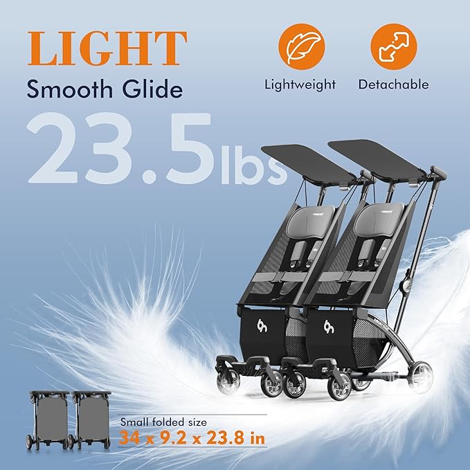 Beberoad Love R1 Auto-Folding Ultra Lightweight Double Stroller Twin Strollers, Side by Side Stroller for Babies and Toddlers Aged 6-36 Months, Only 23.5 lbs, Can Turn into Two Single Strollers, Gray