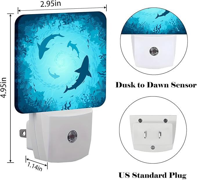 Floating Sharks Night Light,Plug Into Wall with Dusk to Dawn Light Sensors, Warm Nightlights for Bedroom, Bathroom, Hallway, Kitchen, Gifts Ideal for Boys Girls Women Men