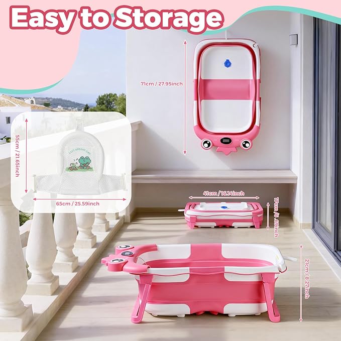 Baby Bathtub,Collapsible Baby Bath Tub with Soft Cushion & Thermometer, Space Saving Foldable & Travel Newborn Bathtub for Infant to Toddler 0-36 Months, Frog Beige