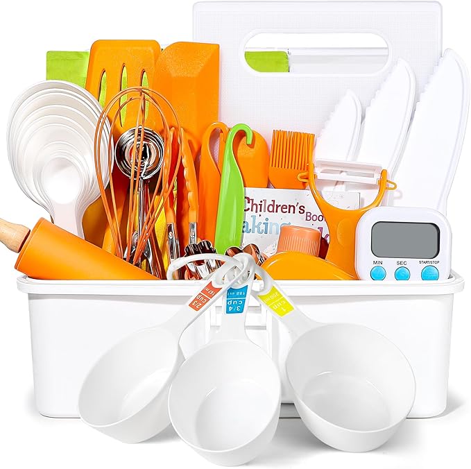 Kids Cooking Sets Real, Kids Cooking and Baking Gift Set with Storage Case Timer Kid Safe Knives Cutting Board, Toddler Real Kitchen Accessories, Birthday Gifts for Girls Boys Age 4 - 8