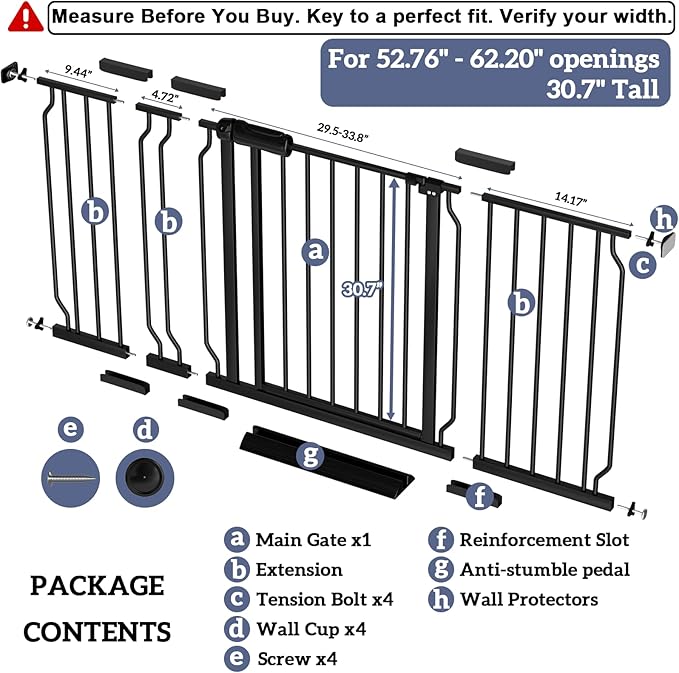 Extra Wide Baby Gates for Doorways 52.76"-62.20" Extra Wide Baby Gate Dog gate Pressure Mounted No Drilling with Walk-Through, Auto-Close & Dual-Direction Swing for Large Wide Opening Black