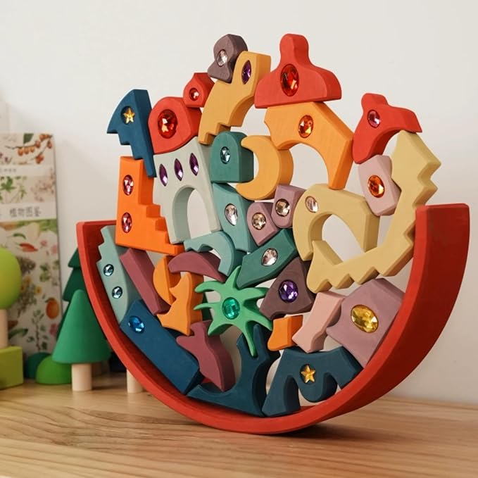 52PCS Wooden Acrylic Gem Blocks, Translucent Cubes Stacking Toys Natural Wood Creative Game Blocks Educational Toys for Children (Moon Beach Gemstone Blocks)