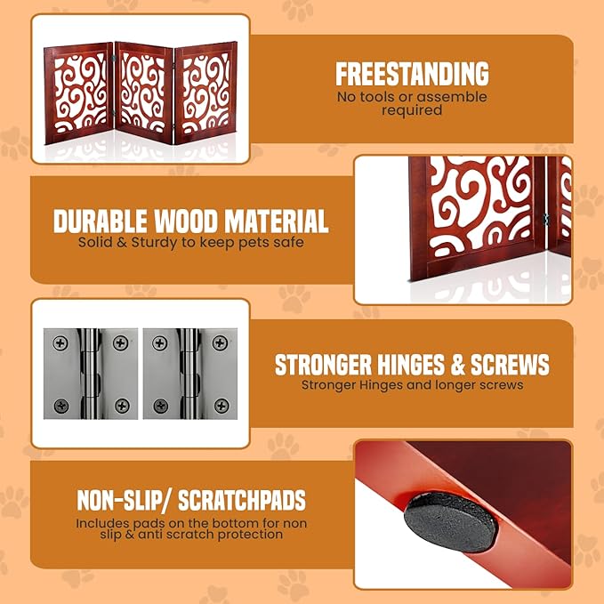 Bundaloo Freestanding Dog Gate Expandable Decorative Wooden Fence for Small to Medium Pet Dogs, Barrier for Stairs, Doorways, & Hallways (Mehagony Scroll)