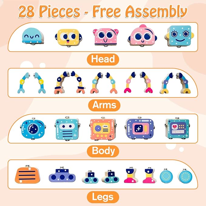 Robots Wooden Snap-Together Building Toys – 28-Piece STEM Montessori Educational Blocks for Toddlers Ages 3–6 | Fine Motor Skills Development | Safe, Durable, Creative Robot Toys Gift for Kids