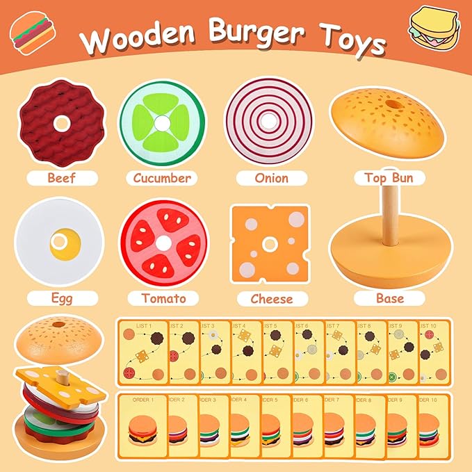 Montessori Toys for 2, 3 Year Old, Wooden Burger Sandwich Stacking Toys for Toddler Educational Toys Fine Motor Skills Foods Preschool Learning Blocks Gifts Boys Girls