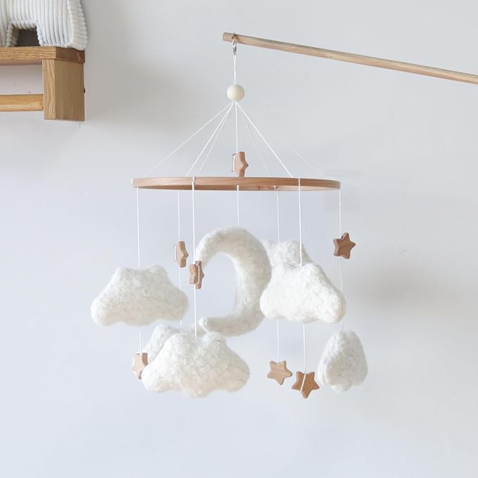 Cloud Mobile for Crib Neutral Baby Mobile for Crib Bassinet Boucle Cloud Baby Crib Mobile for Girls Boys Boho Nursery Mobiles with Wooden Stars