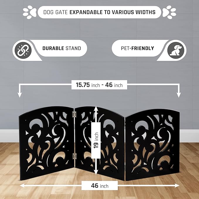 Bundaloo Freestanding Dog Gate Expandable Decorative Wooden Fence for Small to Medium Pet Dogs, Barrier for Stairs, Doorways, & Hallways