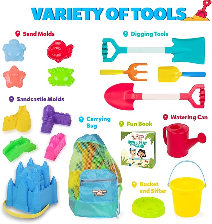 Beach Toys for Kids and Toddlers Ages 3-10 – Durable Sandbox Toy Set, Stronger Mesh Bag, Variety of Sand Toys– Unique Castle Molds, Buckets, Shovels, Better Watering Can